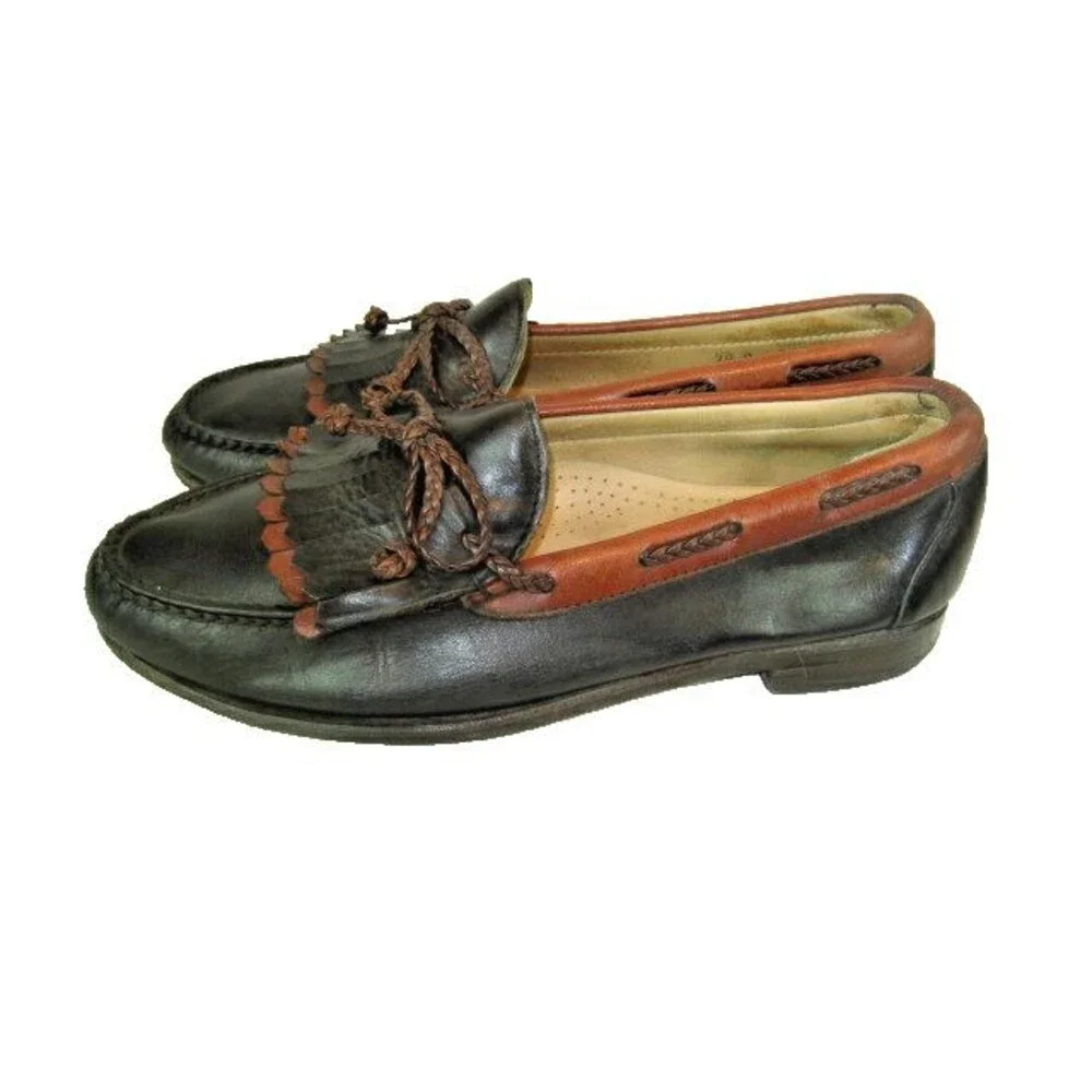 Mens Woodstock 2 Tone Black/Tan Leather Tassel Kilt Casual Loafers sz 10D